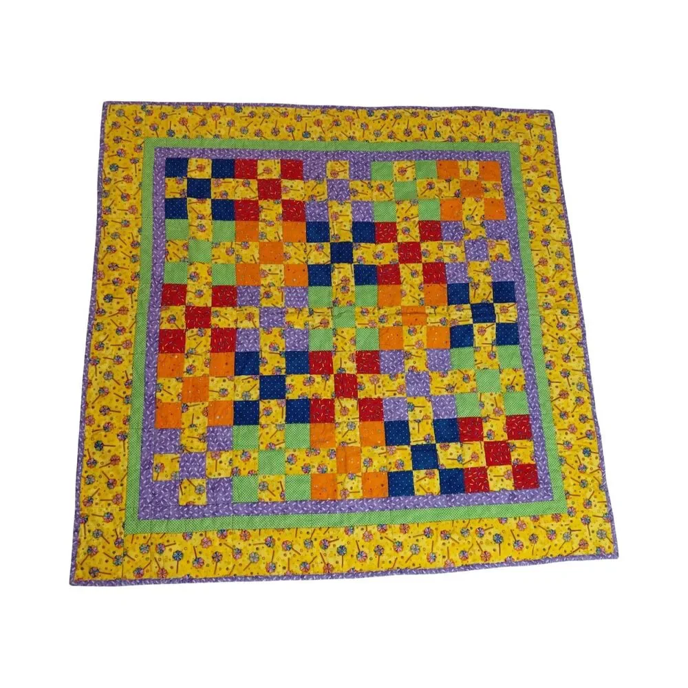 Handmade Baby Lap Picnic Wall Quilt Bright Summer Pinwheel Cotton Yellow Green